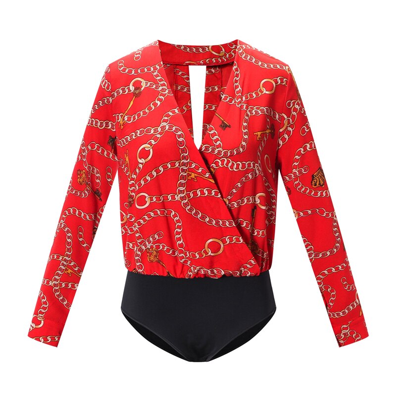 Vintage Silk Rompers Womens Jumpsuit Long Sleeve Chain Print Top Shirt Ladies Deep V Neck Key Printed Sexy Satin Bodysuits