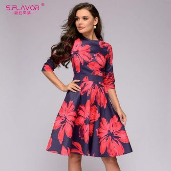 Red flowers printed elegant party short sleeve dress