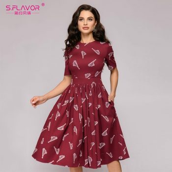 S. FLAVOR New Women Red Print Dress Off the Shoulder Sexy A Line Dress Short Sleeve Vintage Slim Party Vestidos de