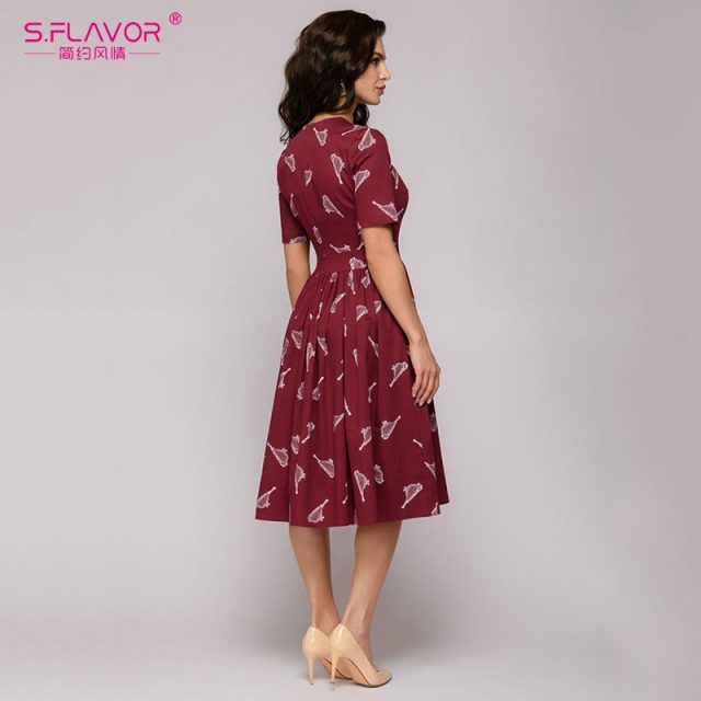 S. FLAVOR New Women Red Print Dress Off the Shoulder Sexy A Line Dress Short Sleeve Vintage Slim Party Vestidos de