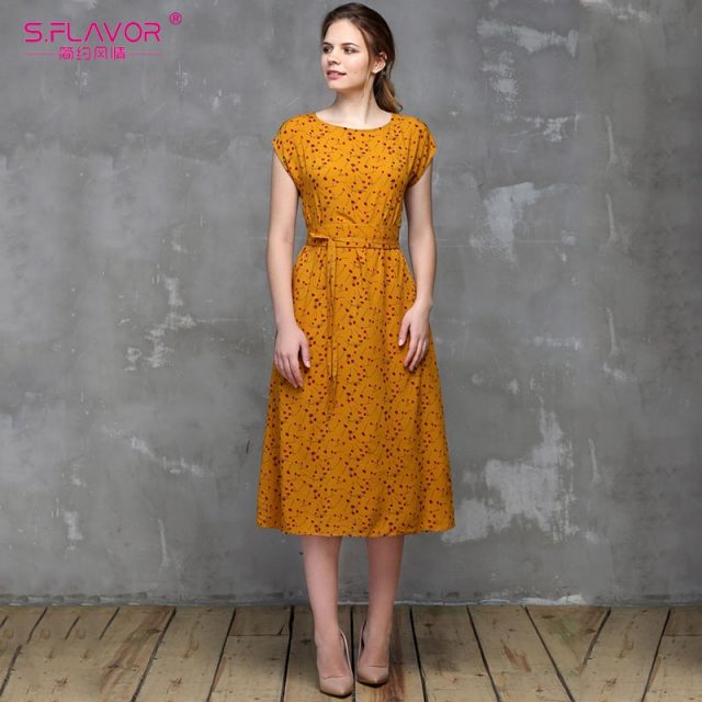 S.FLAVOR New Floral Printed A-Line Dress Women Elegant O Neck Short Sleeve Party Vestidos Female Slim Casual Dress