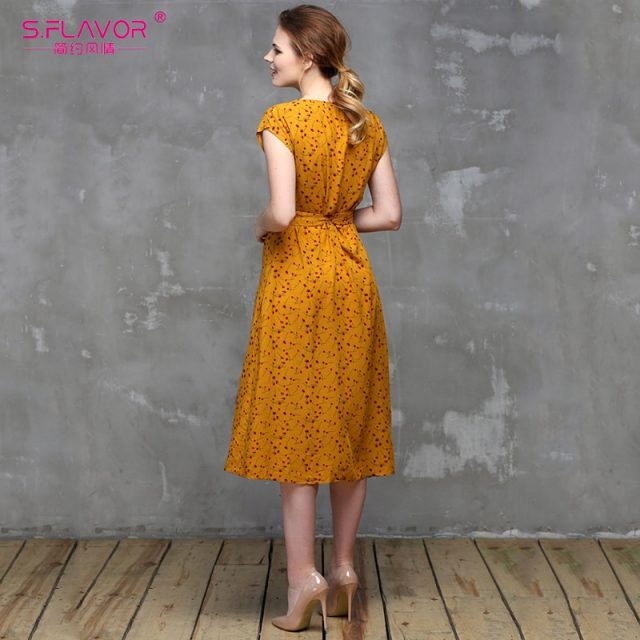 S.FLAVOR New Floral Printed A-Line Dress Women Elegant O Neck Short Sleeve Party Vestidos Female Slim Casual Dress