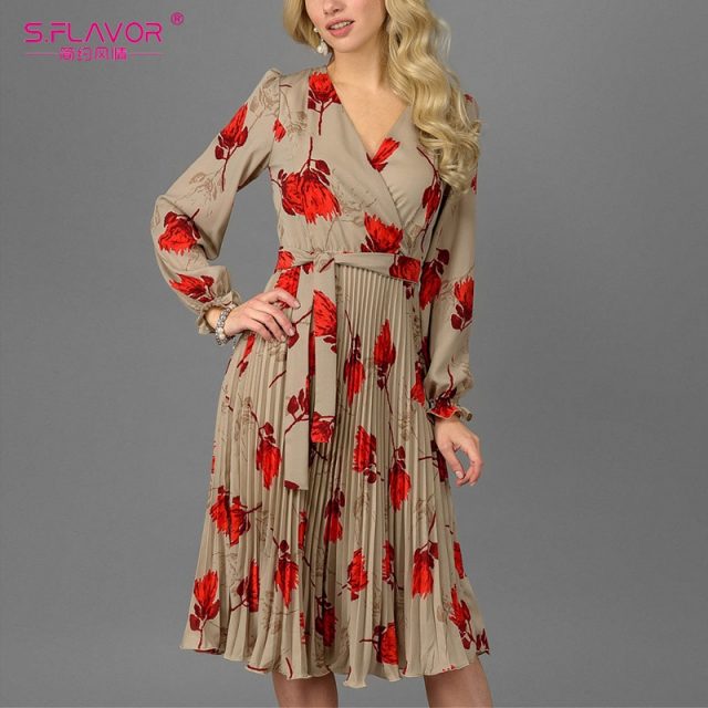 S.FLAVOR Vintage V-neck Printing A-line Dress Elegant Long Sleeve Autumn Winter Dress For Female Casual Women Pleated Dress