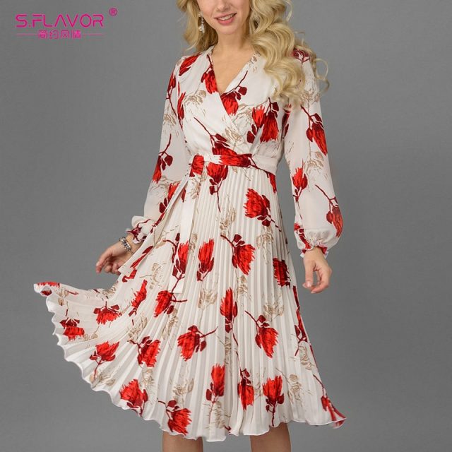 S.FLAVOR Vintage V-neck Printing A-line Dress Elegant Long Sleeve Autumn Winter Dress For Female Casual Women Pleated Dress