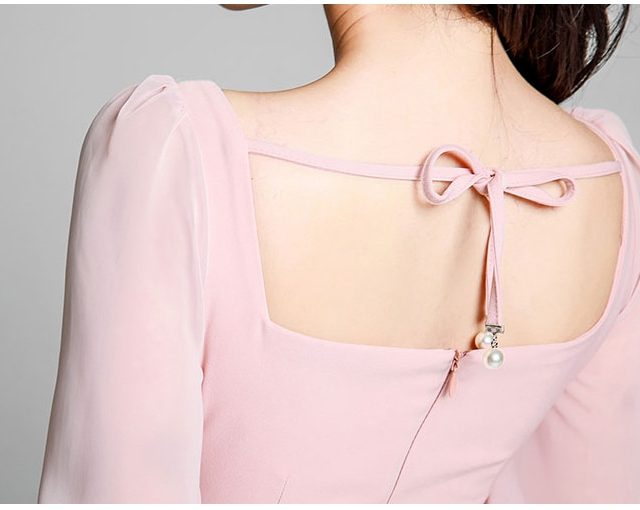 2019 Spring OL Pink Split Pencil Dress Women Elegant Single-Breasted Chiffon Lantern Sleeve Patchwork Knee Length Bodycon Dress