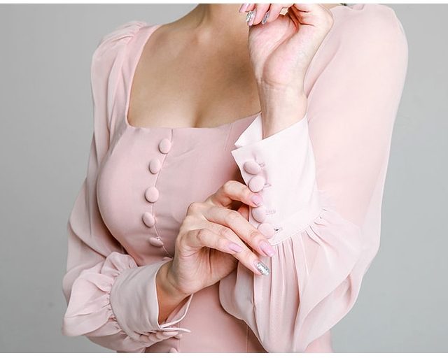 2019 Spring OL Pink Split Pencil Dress Women Elegant Single-Breasted Chiffon Lantern Sleeve Patchwork Knee Length Bodycon Dress