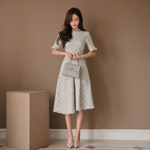 Small Fragrant Tweed Half Sleeve High Waist Midi Dress Elegant Plaid Slim Fit