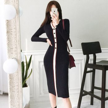 New Fashion Designer Contrast Color Knitted Long Dress Women Winter Long Sleeve V-neck Button Package Hip Bodycon Sweater Dress