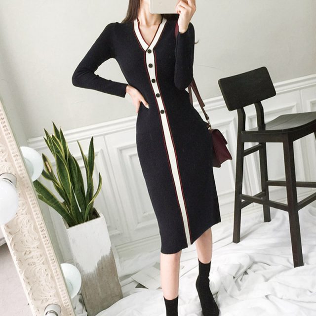 New Fashion Designer Contrast Color Knitted Long Dress Women Winter Long Sleeve V-neck Button Package Hip Bodycon Sweater Dress