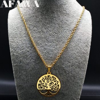2019 Fashion Tree of Life Stainless Steel Necklaces Women Jewlery Gold Color Round Long Necklaces Jewelry collares joyas N18042