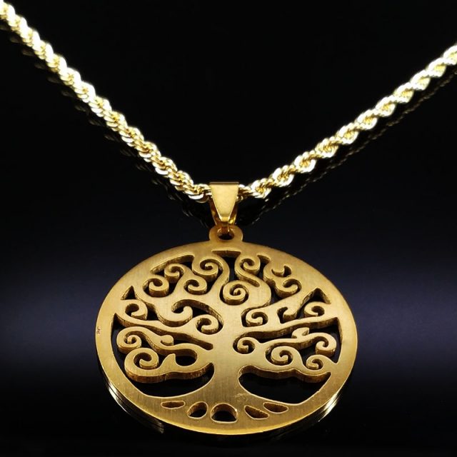 2019 Fashion Tree of Life Stainless Steel Necklaces Women Jewlery Gold Color Round Long Necklaces Jewelry collares joyas N18042