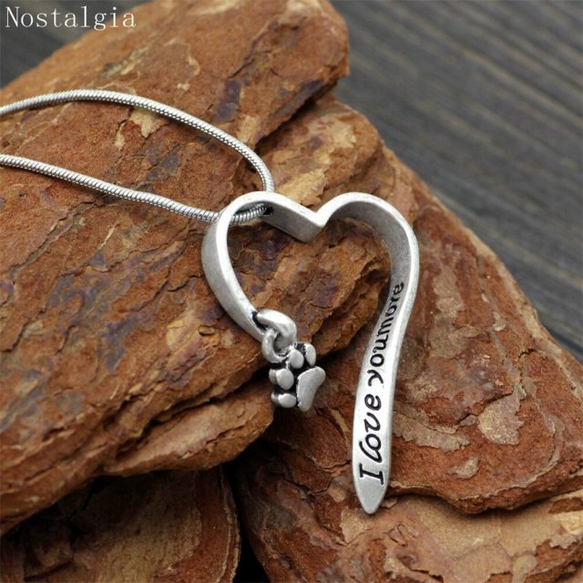 Nostalgia I Love You More Open Heart Cat Dog Paw Print Necklace Snake Chain Jewlery For Women