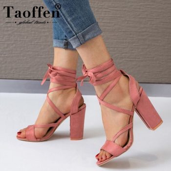 Taoffen Fashion Cross Strap High Heels Shoes Open Toe Solid Color Sandals Office Party Thick Heels Footwear Women Size 34-43