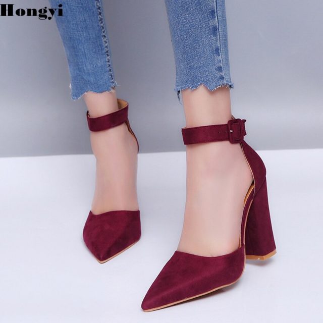 Hongyi 2018 spring Ankle Wrap retro fashion high heels pointed toe Shoes shallow footwear women pumps