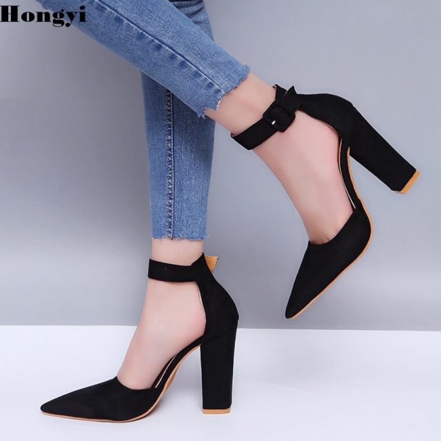 Hongyi 2018 spring Ankle Wrap retro fashion high heels pointed toe Shoes shallow footwear women pumps