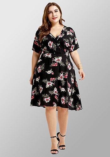 Printed Flower V Neck Comfortable Knee Length Plus Size Dress