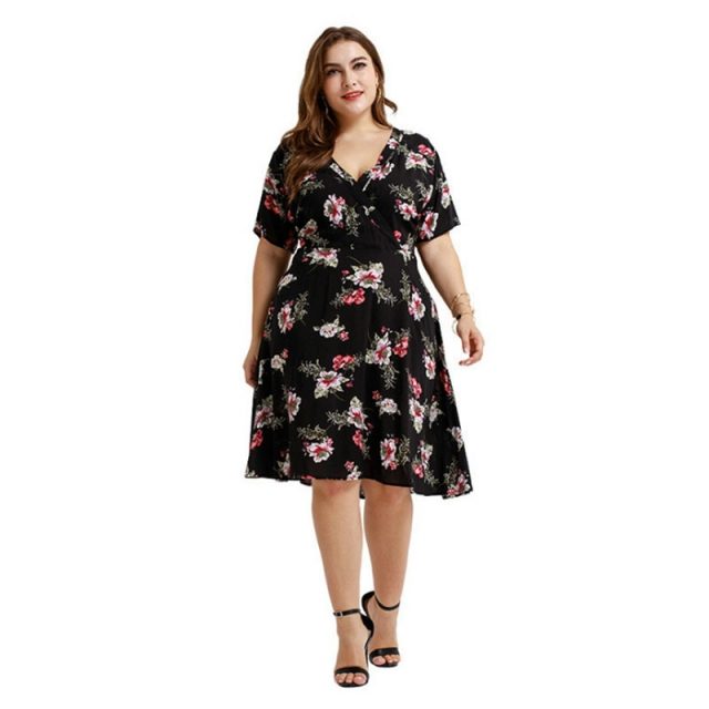 Printed Flower V Neck Comfortable Knee Length Plus Size Dress