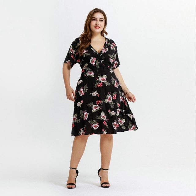 Printed Flower V Neck Comfortable Knee Length Plus Size Dress