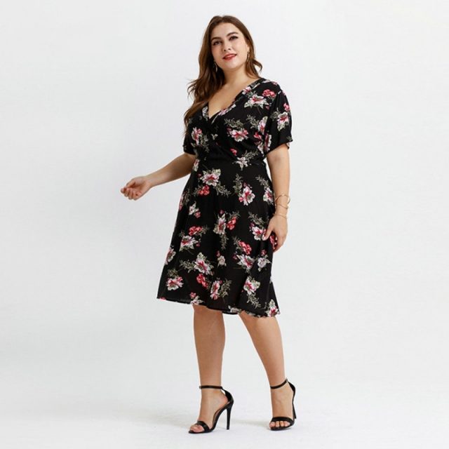 Printed Flower V Neck Comfortable Knee Length Plus Size Dress