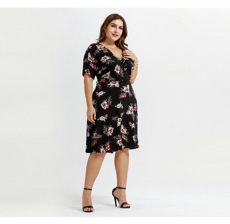 women one-piece printed flower V neck dress plus size cotton comfortable knee length Dresses