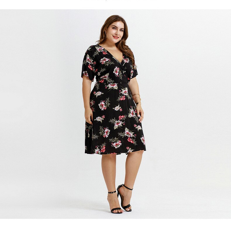 women one-piece printed flower V neck dress plus size cotton comfortable knee length Dresses