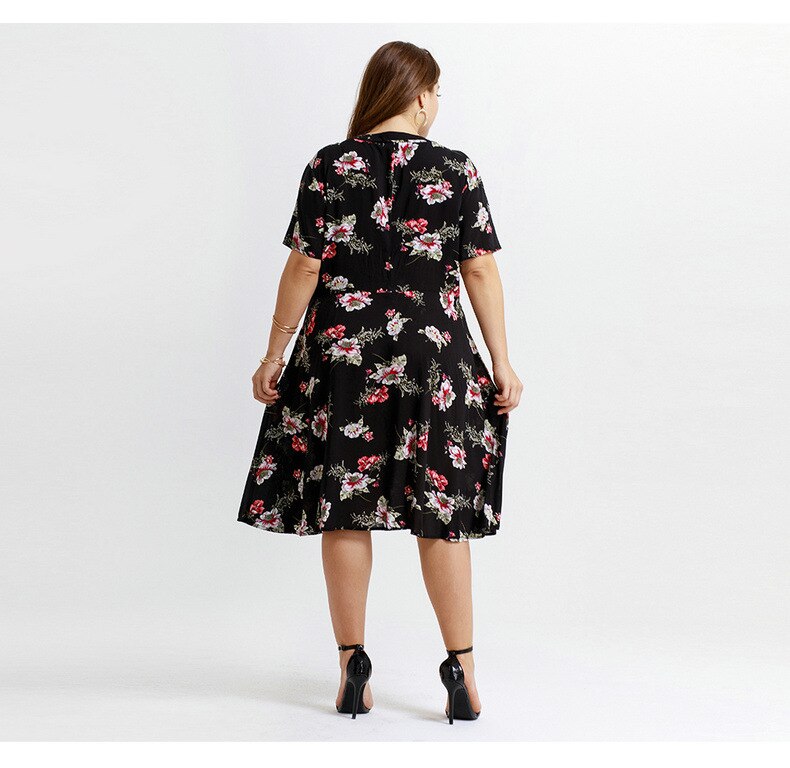 women one-piece printed flower V neck dress plus size cotton comfortable knee length Dresses