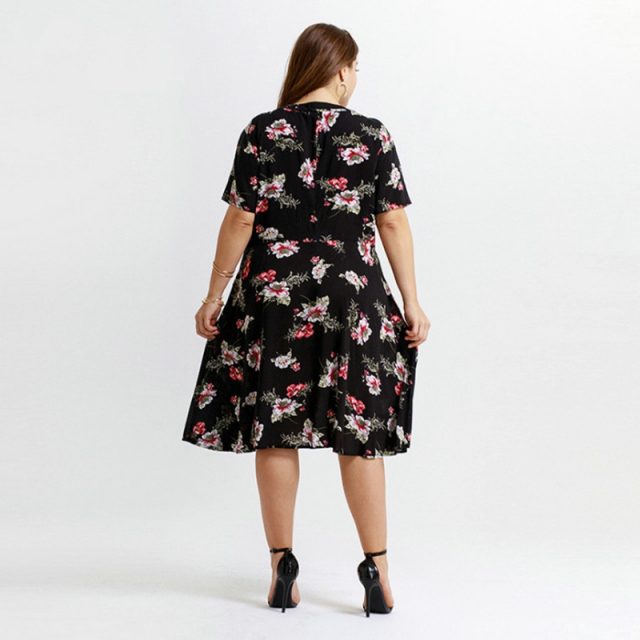 Printed Flower V Neck Comfortable Knee Length Plus Size Dress