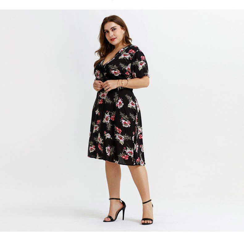 women one-piece printed flower V neck dress plus size cotton comfortable knee length Dresses