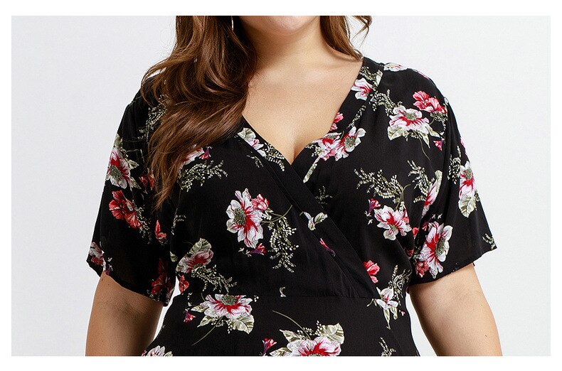 women one-piece printed flower V neck dress plus size cotton comfortable knee length Dresses