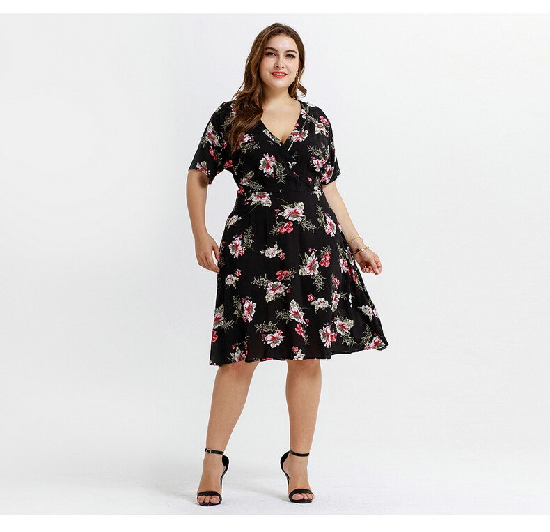 women one-piece printed flower V neck dress plus size cotton comfortable knee length Dresses