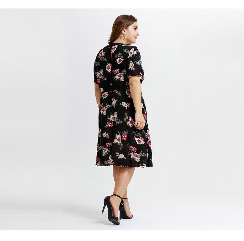 women one-piece printed flower V neck dress plus size cotton comfortable knee length Dresses