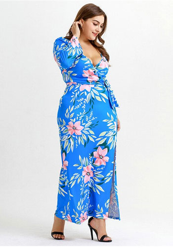 Long Sleeves Printed Flower V Neck Fork Leg Sexy Plus Size Dress