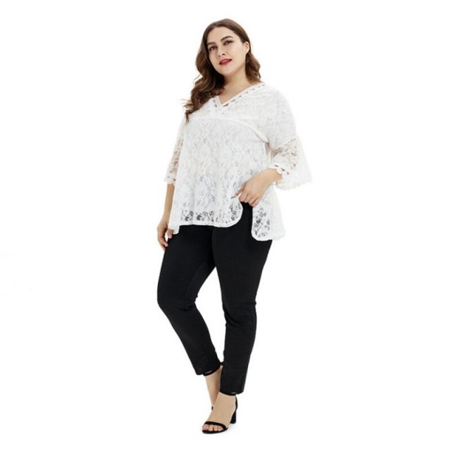 Loose Casual Lace Bell Sleeve Plus Size Dress – Best for Office Work
