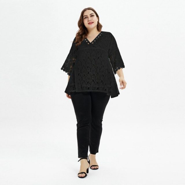 Loose Casual Lace Bell Sleeve Plus Size Dress – Best for Office Work