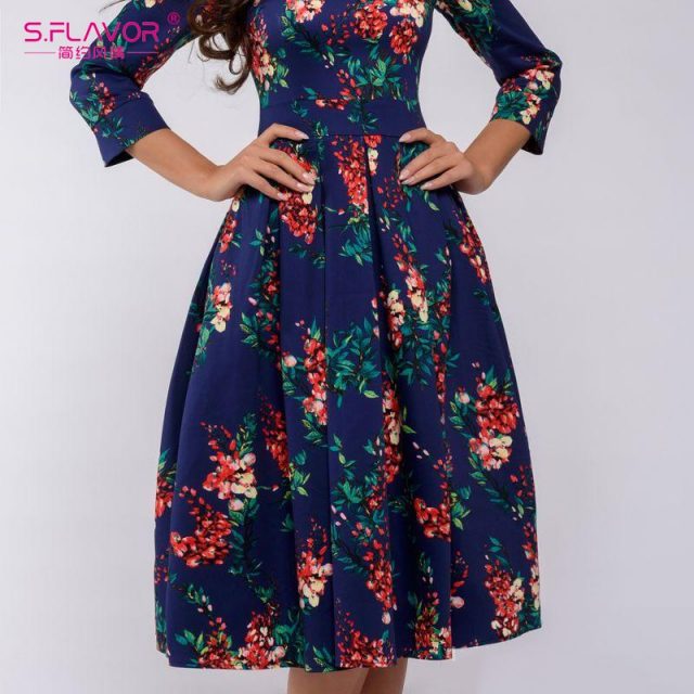 S.FLAVOR Brand Elegant Women A-line Dress New Style Flower printing Draped Middle Dress Women Casual autumn Winter Vestidos