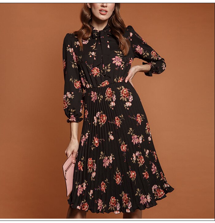 S.FLAVOR Black Flower Print A-line Dress Autumn Elegant New Fashion Party Vestidos Casual Dress For Female