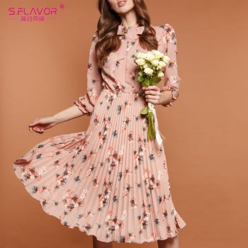 S.FLAVOR Black Flower Print A-line Dress Autumn Elegant New Fashion Party Vestidos Casual Dress For Female