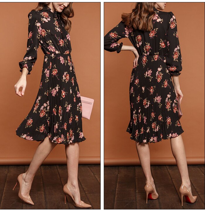 S.FLAVOR Black Flower Print A-line Dress Autumn Elegant New Fashion Party Vestidos Casual Dress For Female