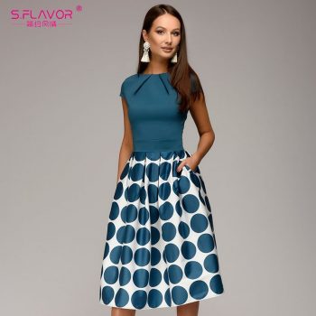 S.FLAVOR Vintage women wave point dress Hot Sale short sleeve patchwork A-line short dress Casual women Autumn Winter vestidos