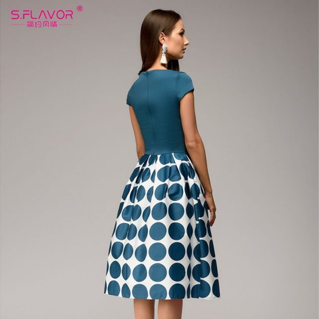 S.FLAVOR Vintage women wave point dress Hot Sale short sleeve patchwork A-line short dress Casual women Autumn Winter vestidos