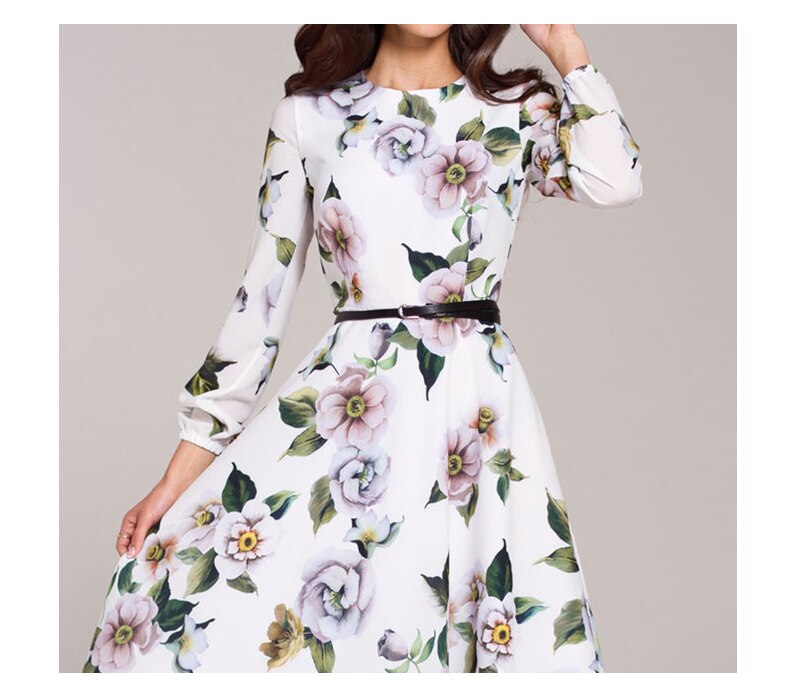 S.FLAVOR Women Casual Dress Wrist Sleeve Autumn Winter Print Party Vestidos Ladies Elegant Vintage A Line Dresses No Belt