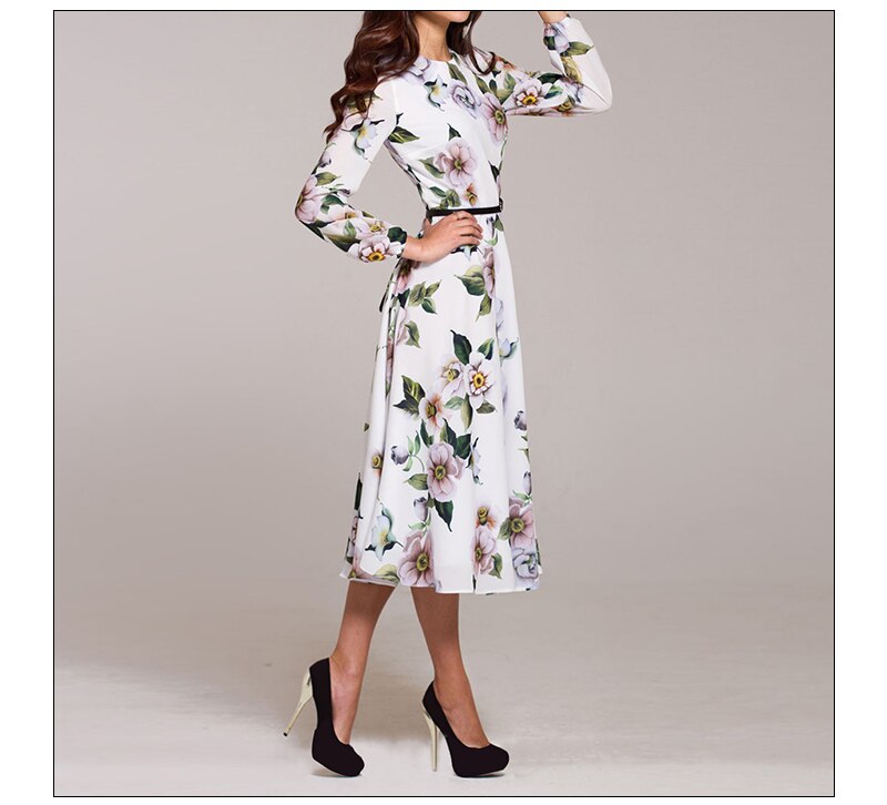 S.FLAVOR Women Casual Dress Wrist Sleeve Autumn Winter Print Party Vestidos Ladies Elegant Vintage A Line Dresses No Belt