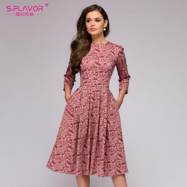 S.FLAVOR Elegant A-line Dress Vintage printing Slim Party Dress Three Quarter Sleeve women Autumn Winter vestidos