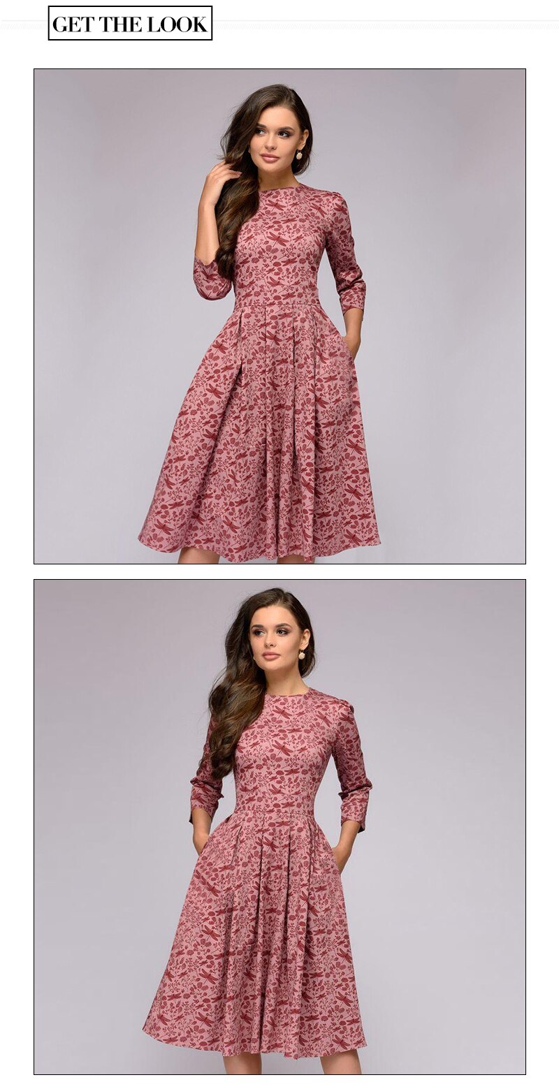 S.FLAVOR Elegant A-line Dress Vintage printing Slim Party Dress Three Quarter Sleeve women Autumn Winter vestidos