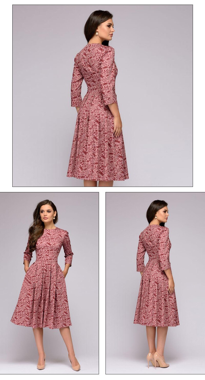 S.FLAVOR Elegant A-line Dress Vintage printing Slim Party Dress Three Quarter Sleeve women Autumn Winter vestidos
