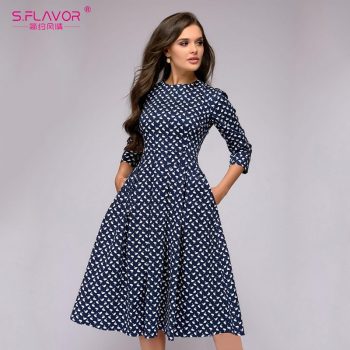 S.FLAVOR Elegant A-line Dress Vintage printing Slim Party Dress Three Quarter Sleeve women Autumn Winter vestidos