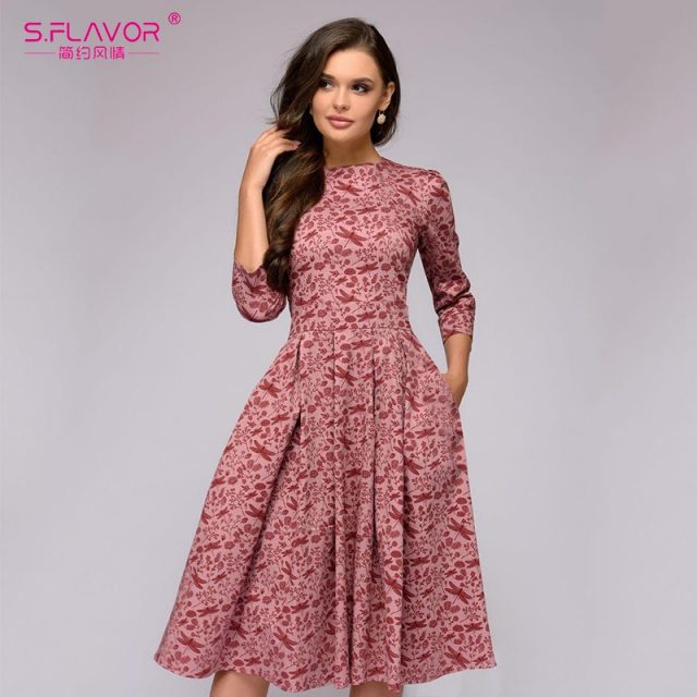 S.FLAVOR Elegant A-line Dress Vintage printing Slim Party Dress Three Quarter Sleeve women Autumn Winter vestidos