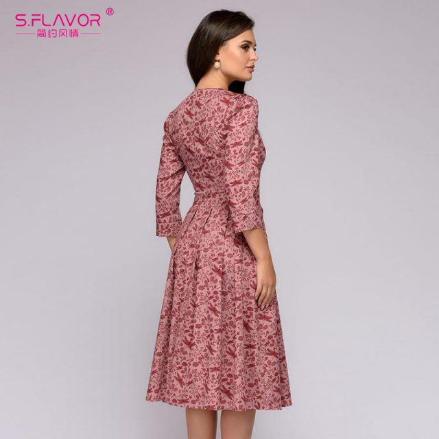 S.FLAVOR Elegant A-line Dress Vintage printing Slim Party Dress Three Quarter Sleeve women Autumn Winter vestidos