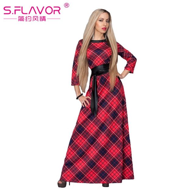 S.FLAVOR Clearance Sale Women Printing Long Dress Elegant 3/4 Sleeve O-neck Casual Vestidos For Female Women Autumn Dress