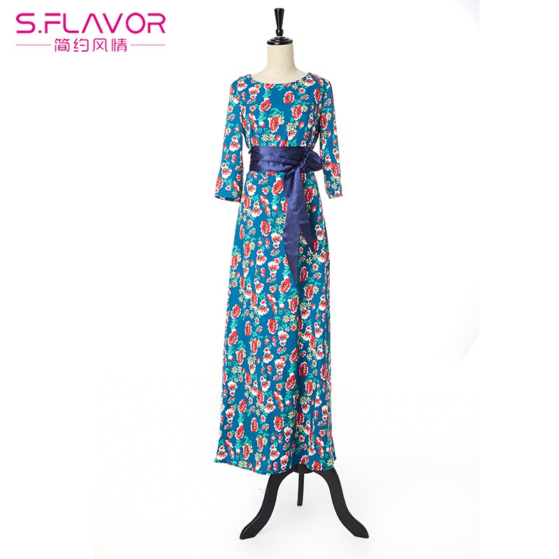 S.FLAVOR Clearance Sale Women Printing Long Dress Elegant 3/4 Sleeve O-neck Casual Vestidos For Female Women Autumn Dress